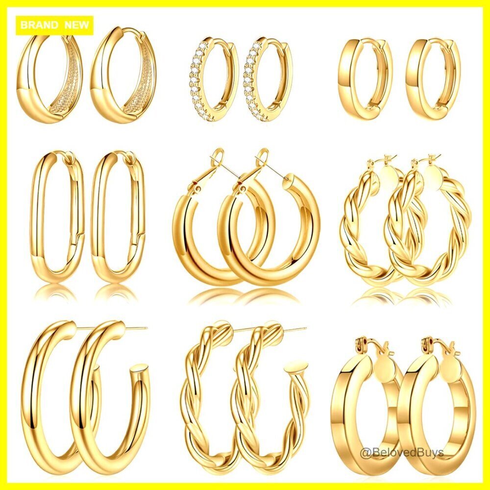 9 Pairs 14K Gold Plated Chunky Hoop Earrings Set Hypoallergenic